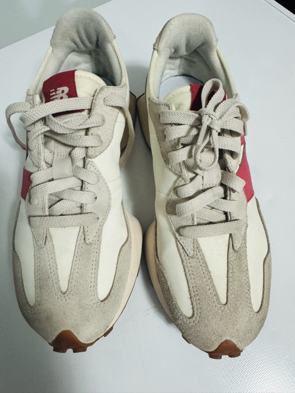 New Balance Cream Sneakers with Red Logo Accents